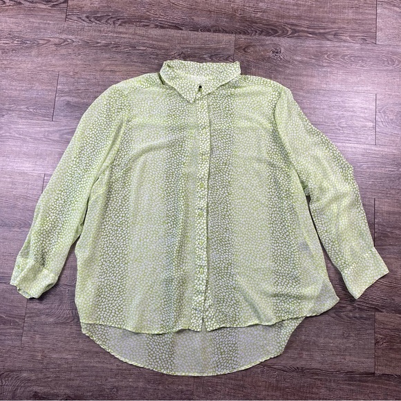 Lane Bryant Shirt Women 22 Kelly Green Animal Print Sheer Button Front Career - Picture 1 of 10